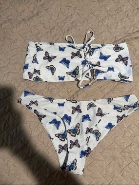 White Butterfly Print Two-Piece Bikini - Blue Accents